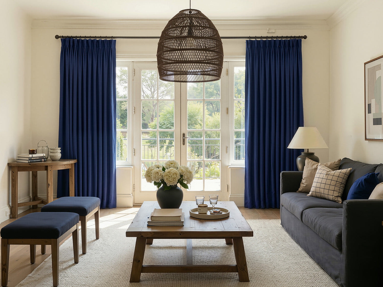 Modern living room with sofa, coffee table, stools and blue curtains over patio doors.