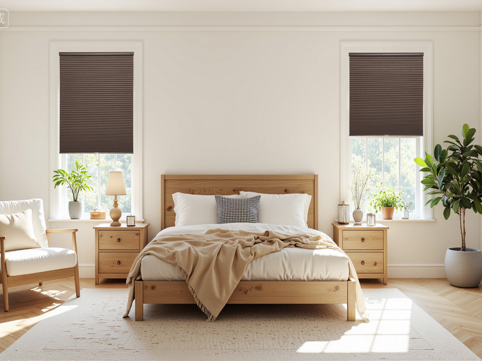 A bright bedroom featuring a light wood bed and two windows covered by dark brown cellular/honeycomb shades.