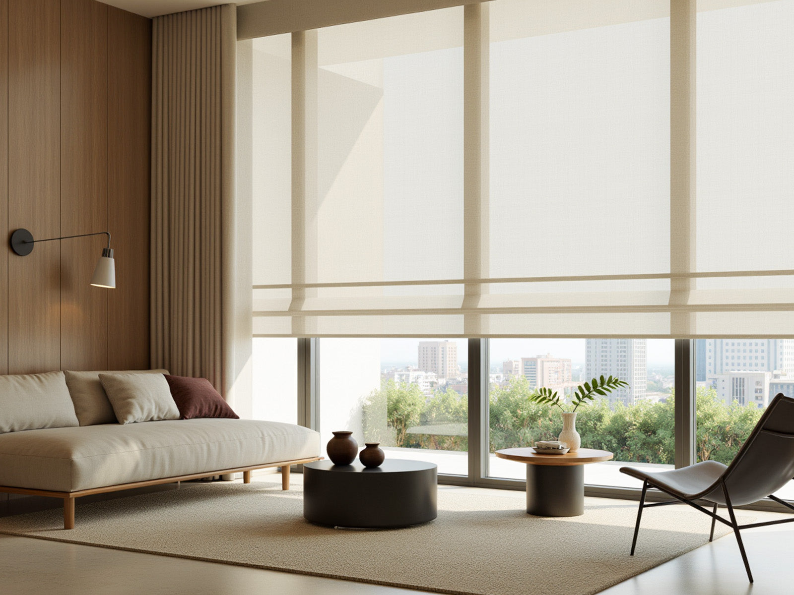 A modern living room with floor-to-ceiling windows and sheer beige Roman shades overlooking a city view.