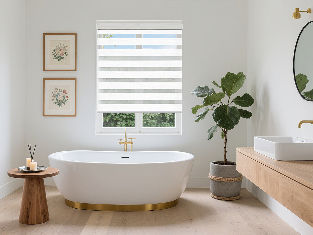 Modern bathroom with a freestanding tub, wood accents, and a white sheer-and-solid striped window blind.