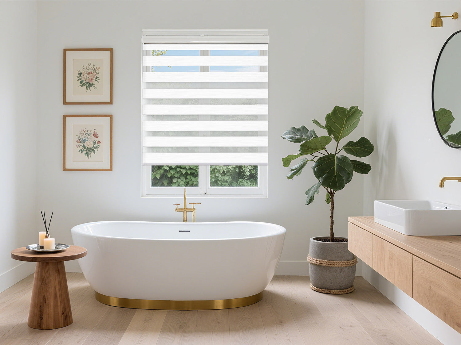 Modern bathroom with a freestanding tub, wood accents, and a white sheer-and-solid striped window blind.