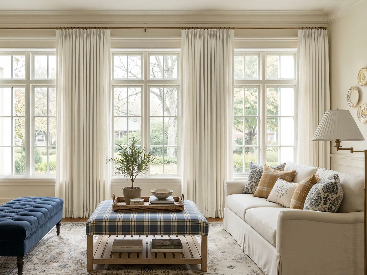 Elegant off‑white pinch‑pleat long curtains for wide multi‑pane living‑room windows