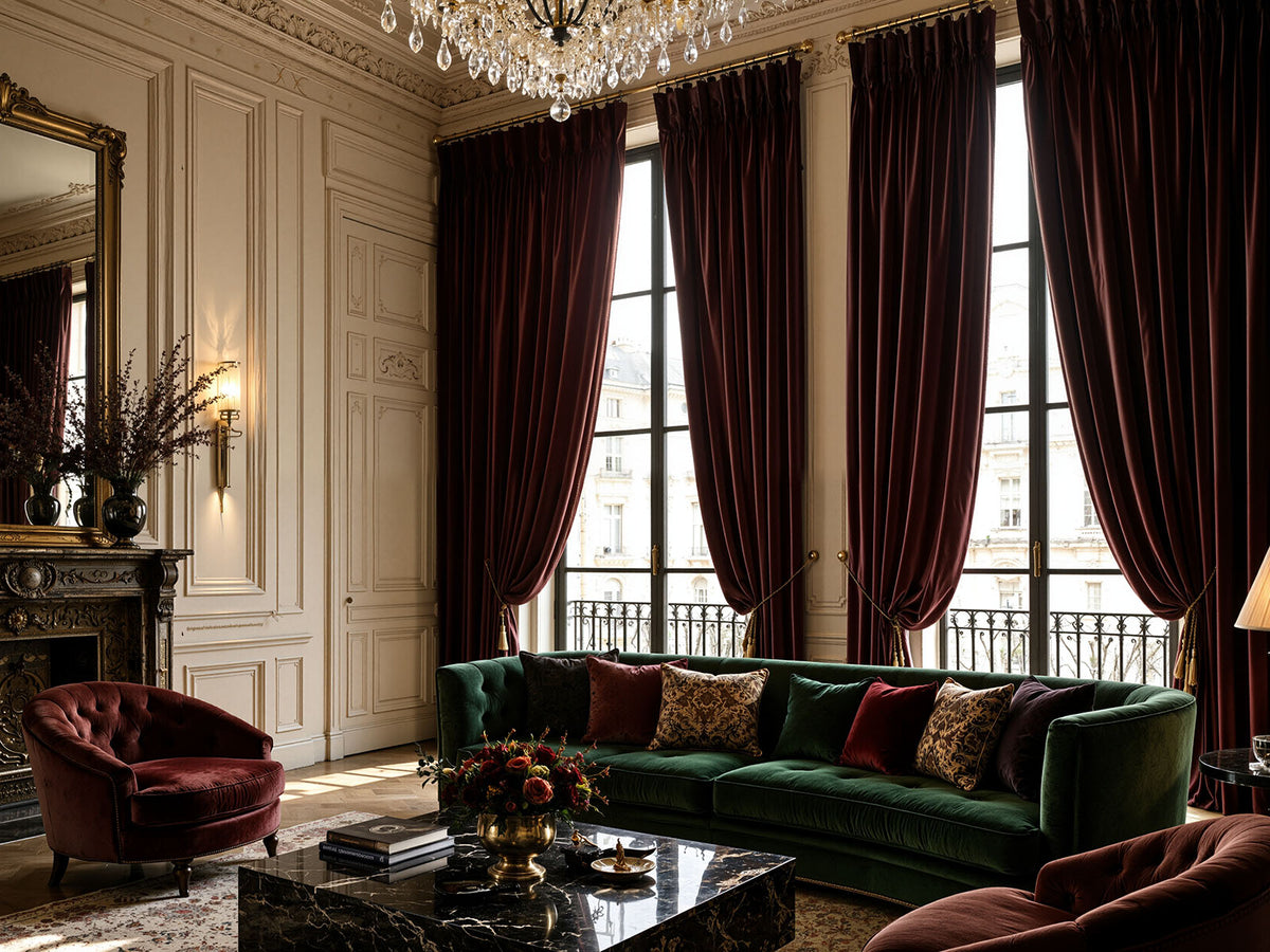 Joydeco heavy burgundy velvet curtains in a luxury living room