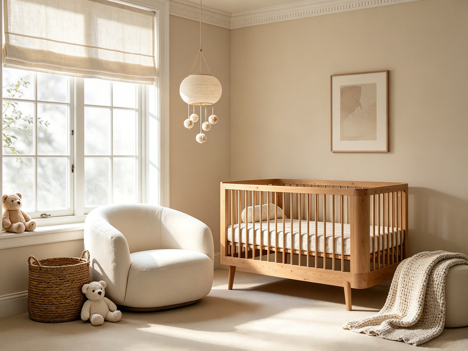 Nursery with soft natural light filtering through quality window treatments, showing how fabric texture and daylight interaction reveal true material depth