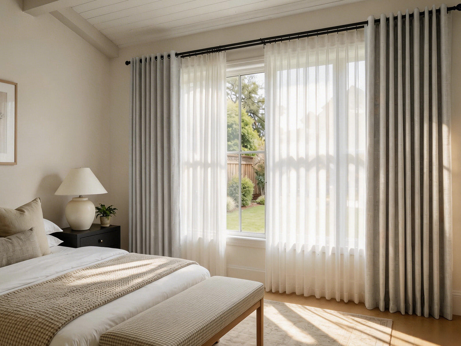 Bright dining area with a wooden table and white zebra blinds on the window.