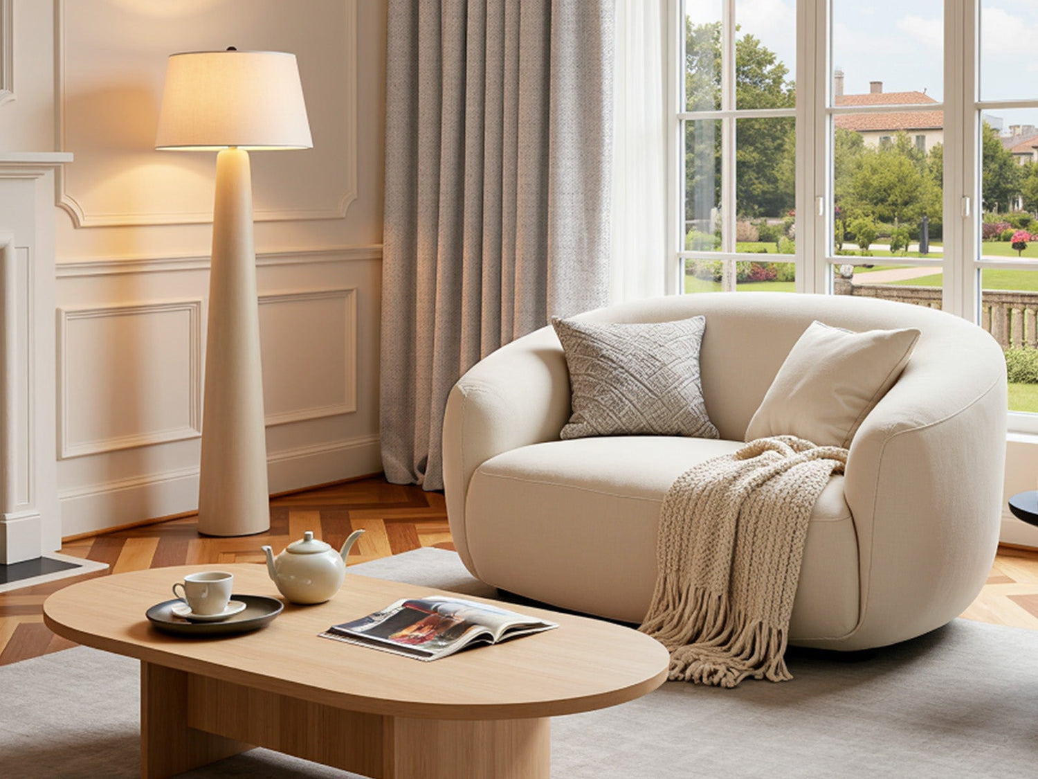 Cozy living room with a cream armchair, wooden coffee table, and light gray patterned curtains by a large window.
