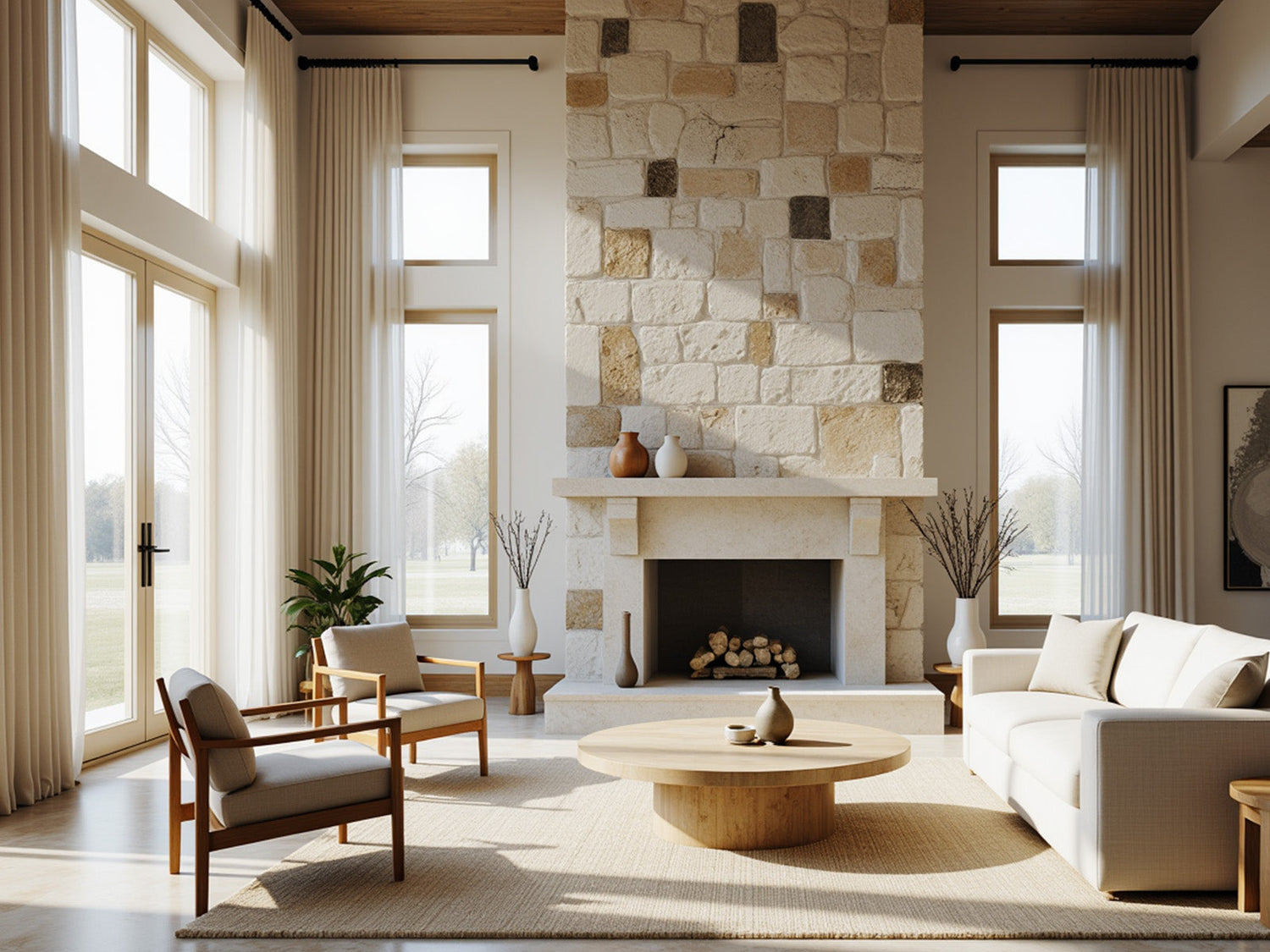 Spacious living room with Joydeco beige curtains flanking a grand stone fireplace.