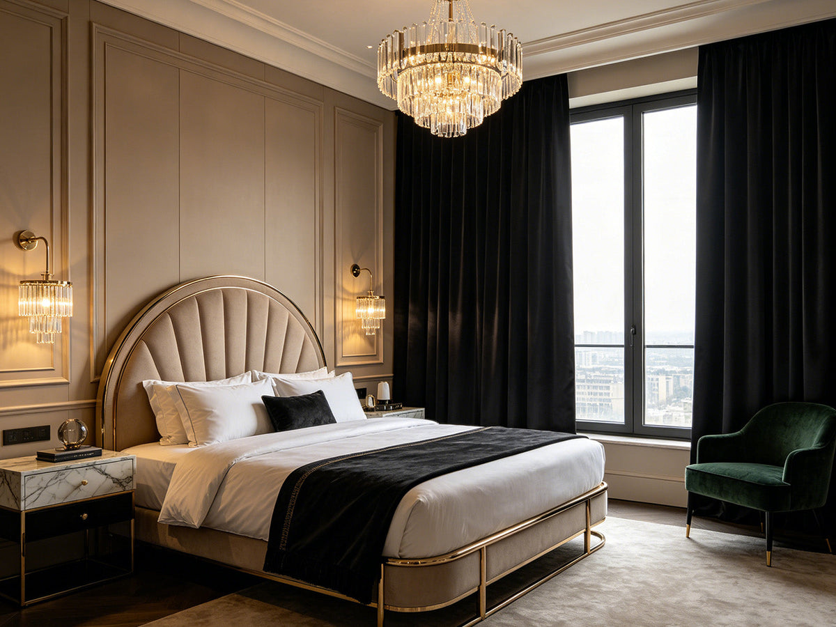 Sheer canopy curtains over a leather bed in a sunlit classic bedroom