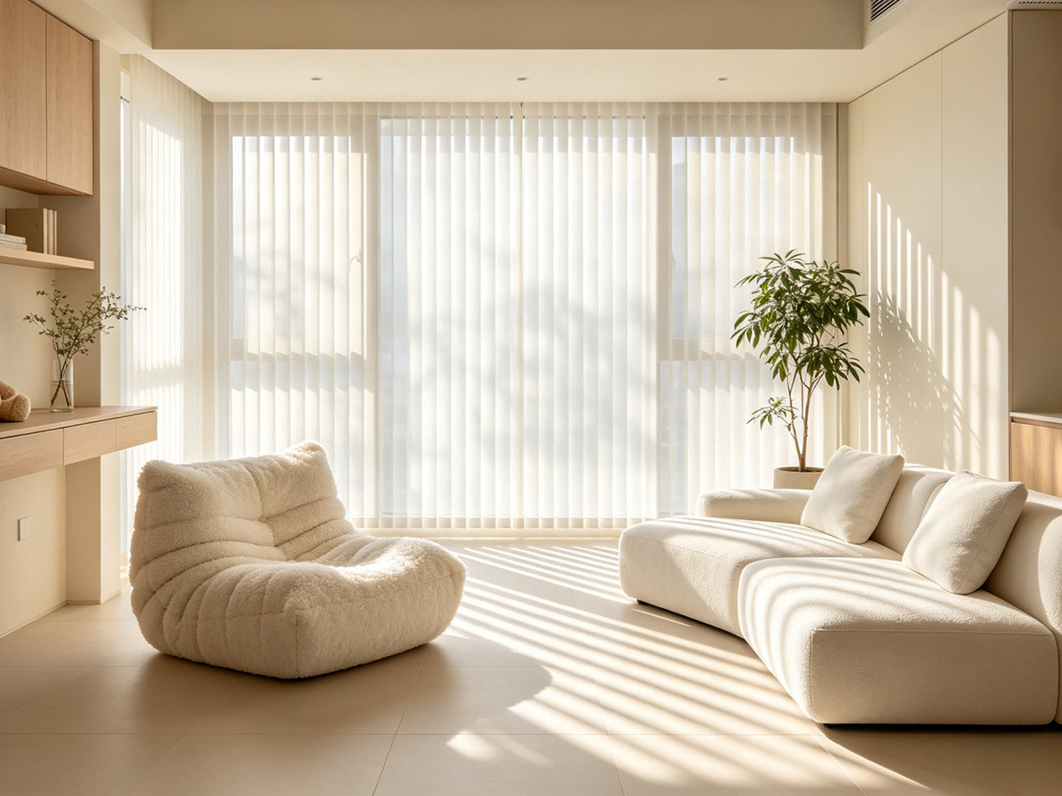 Floor-to-ceiling Joydeco white vertical blinds making a bright living room look bigger.