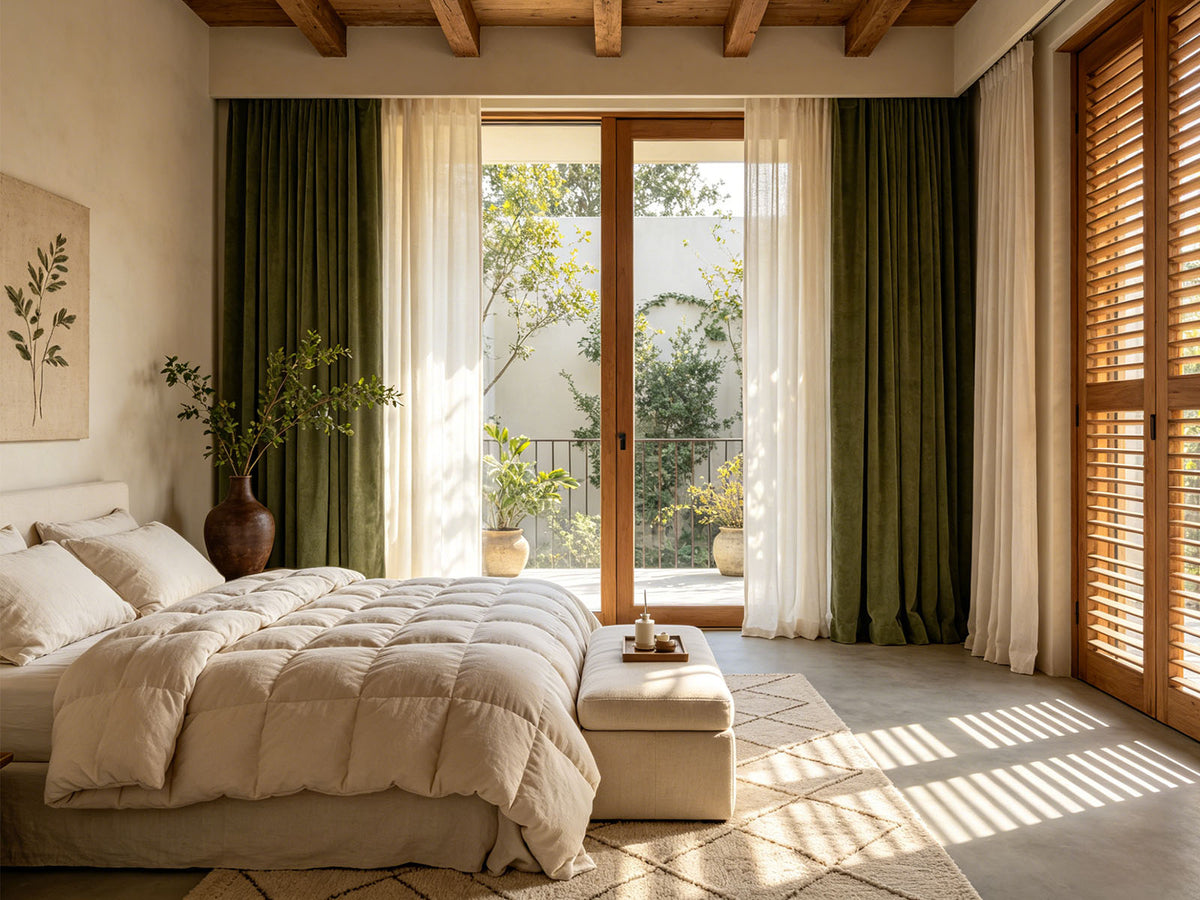 Bright bedroom with layered dark green curtains and sheer white panels allowing soft natural light to filter through large windows, illustrating how combined window treatments balance privacy and daylight preservation in living spaces