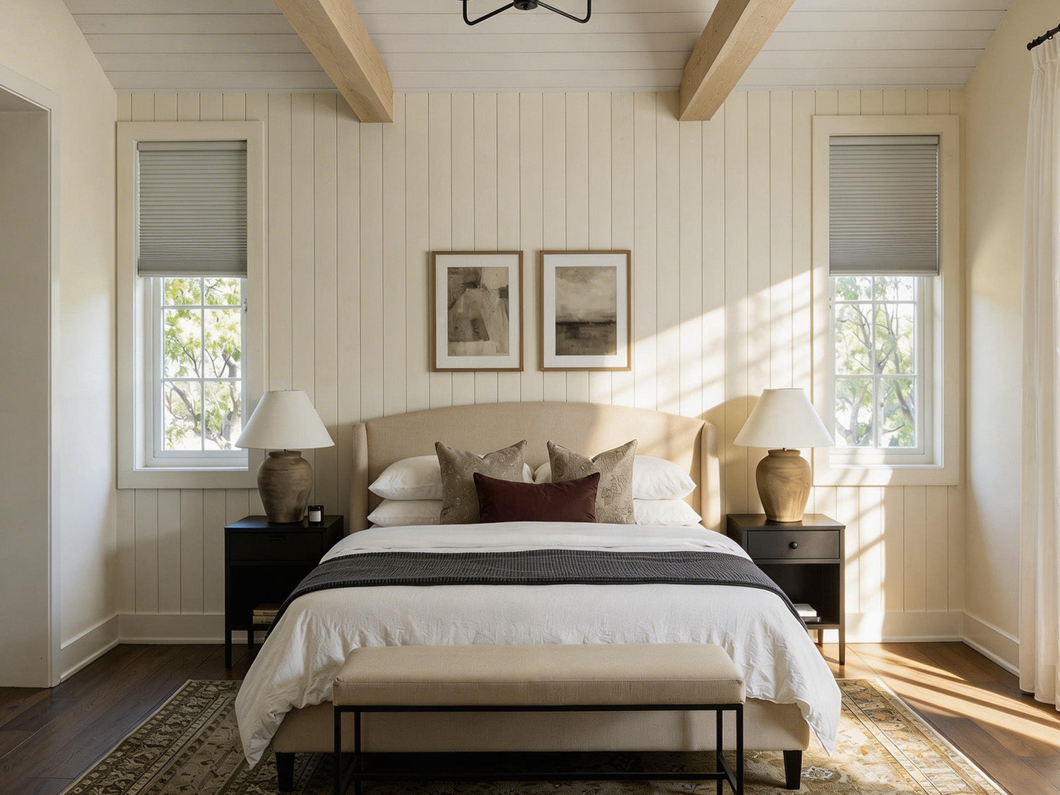Symmetry view of a rustic bed with beige curtains and wood beams.