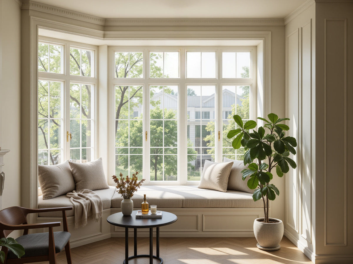 Sunlit bay window with a cozy built-in window seat, neutral cushions, and a potted plant.