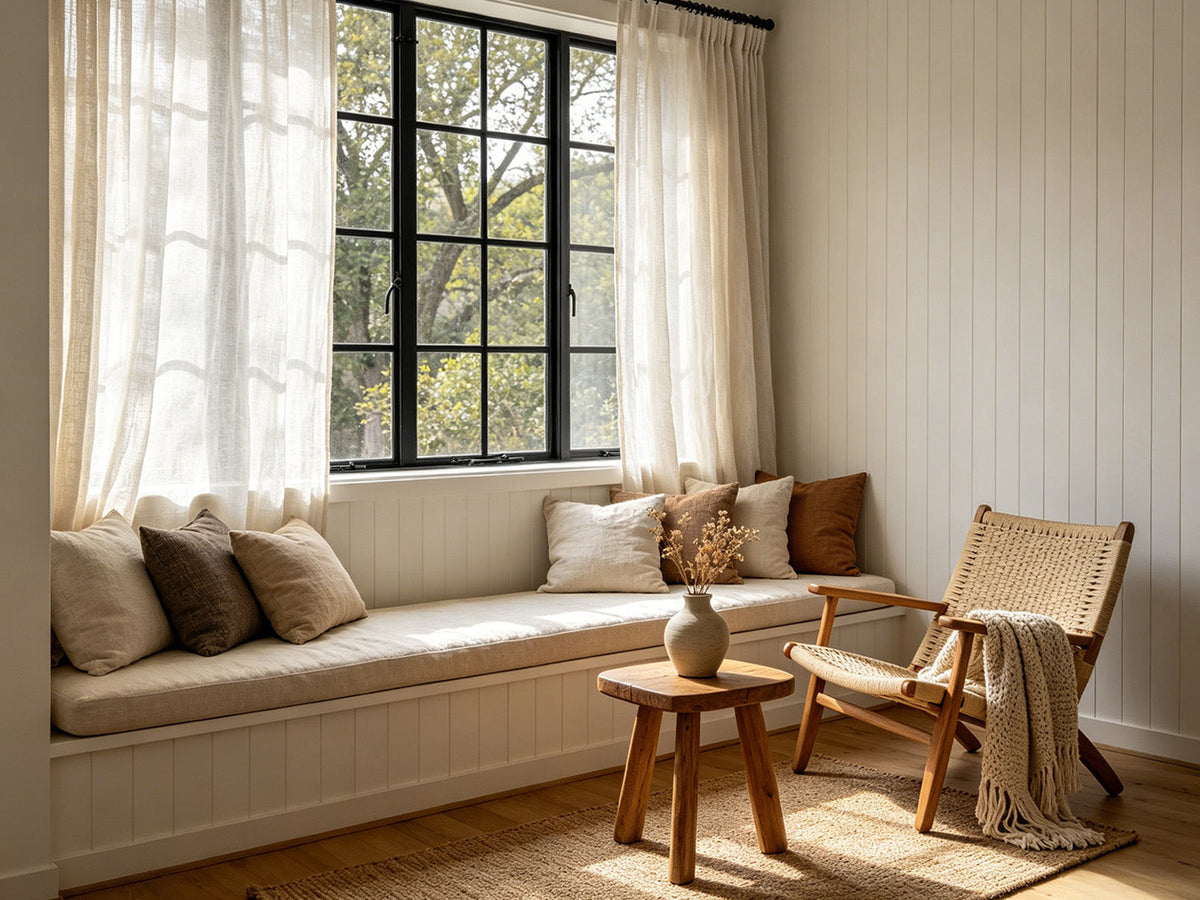 Joydeco white sheer vertical curtains styling a cozy window seat by a large black-framed window.