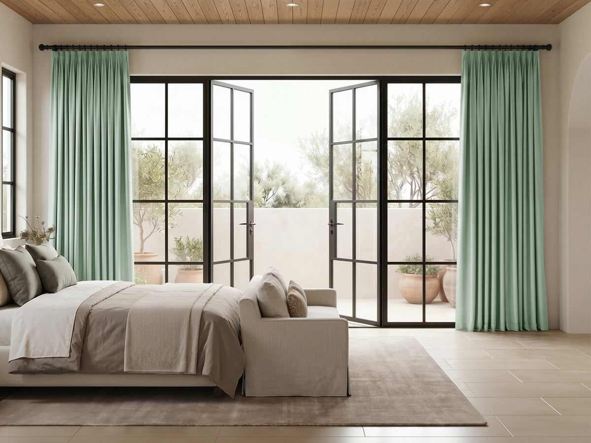 Joydeco sage green curtains in a modern Mediterranean bedroom with french doors.