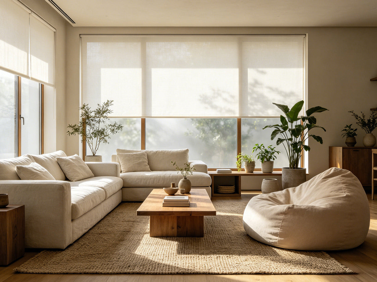 Bright living room with soft white roller shades and natural wood furnishings, showing how neutral textures and warm tones maintain flexibility across different interior styles over time