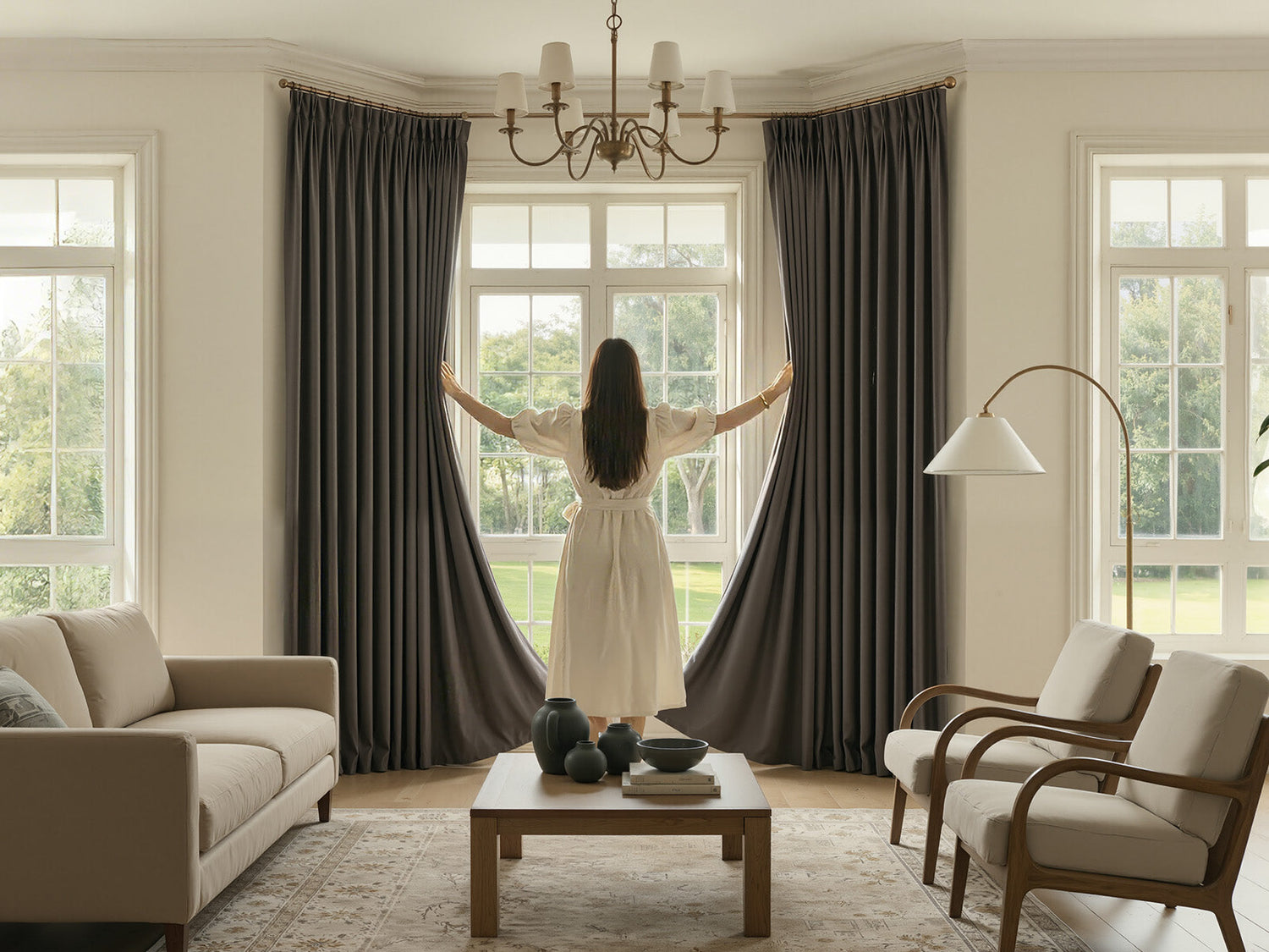 Woman opening Joydeco dark grey insulated curtains in a bright living room.