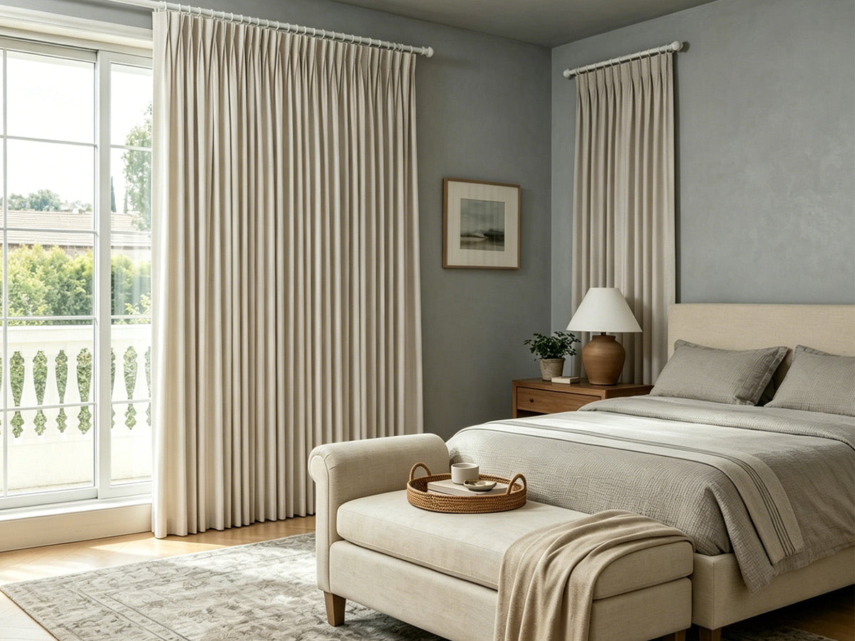 Joydeco pleated beige curtains paired with grey bedroom walls for a neutral look.