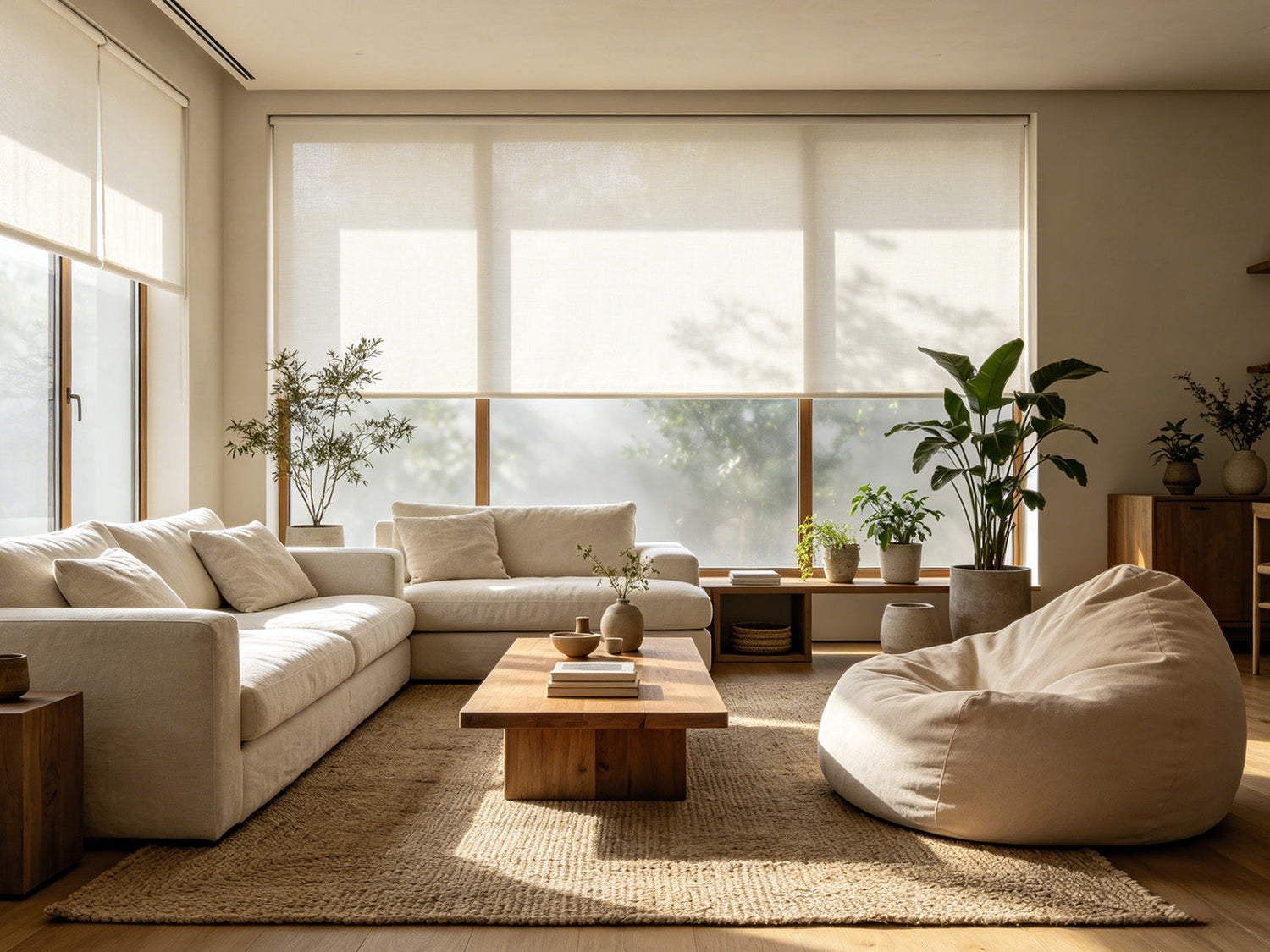 Bright living room with soft white roller shades and natural wood furnishings, showing how neutral textures and warm tones maintain flexibility across different interior styles over time
