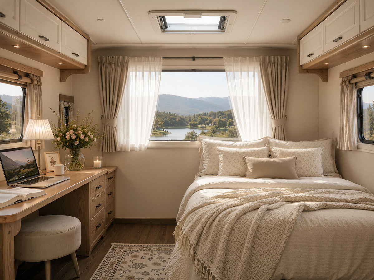 Joydeco beige curtains and sheer drapes on a camper window overlooking a lake.