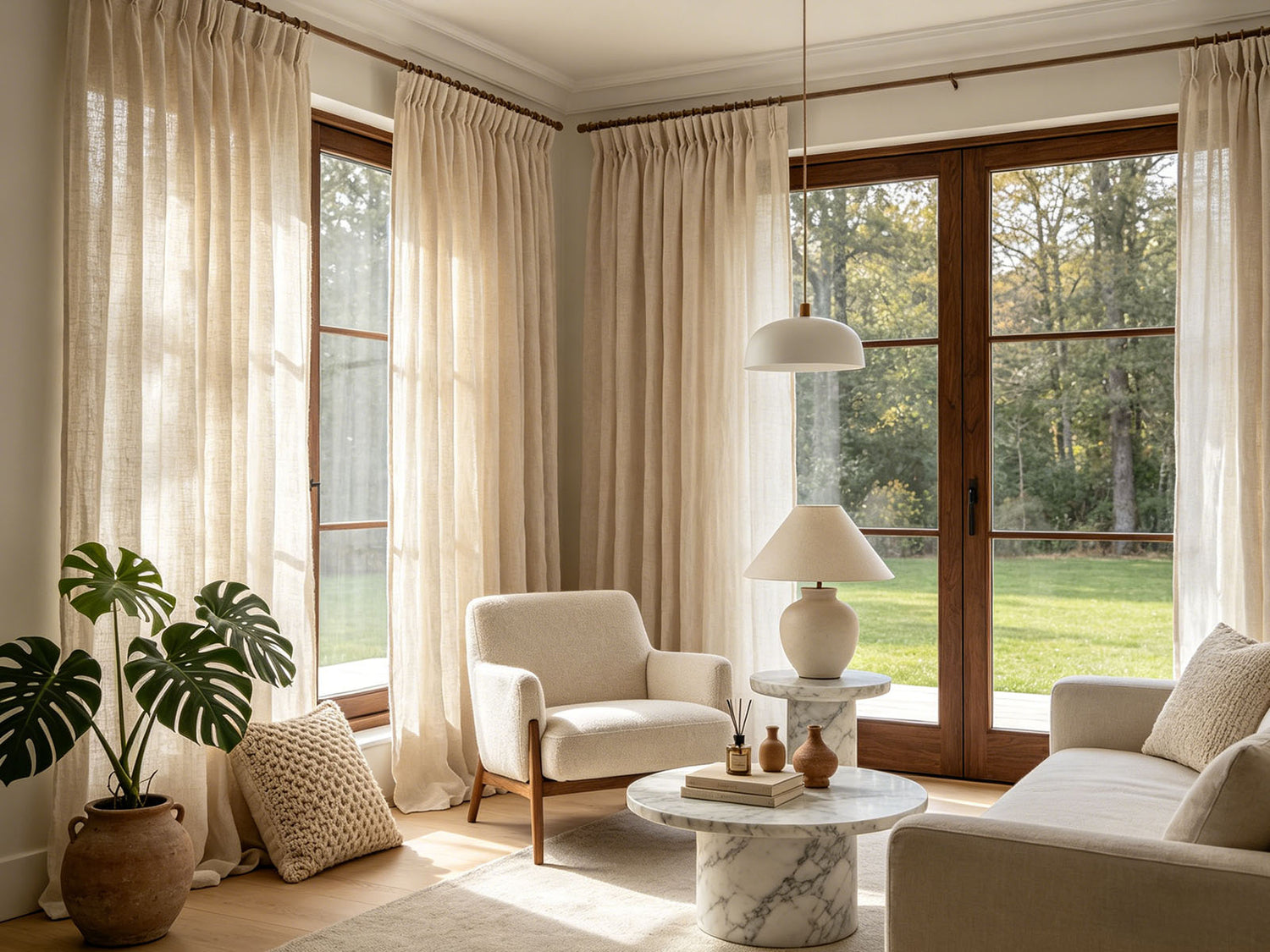 Vintage curtains styled in a modern minimalist living room with neutral tones, natural light, and contemporary furniture.
