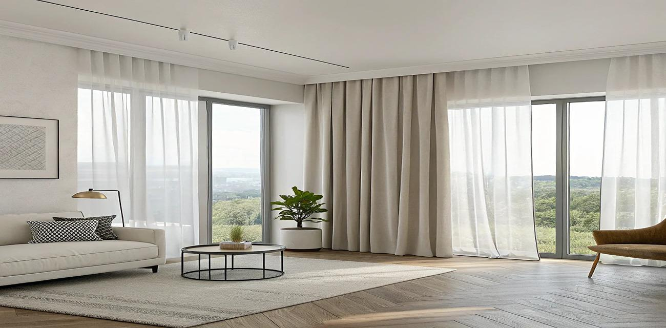 Modern living room with large windows, featuring sheer white curtains layered with light beige blackout drapes.