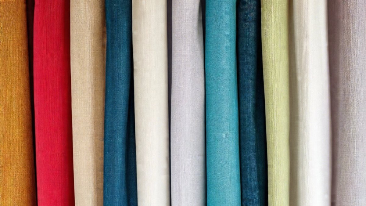 A close-up of multiple colorful curtain fabric samples hanging side-by-side.