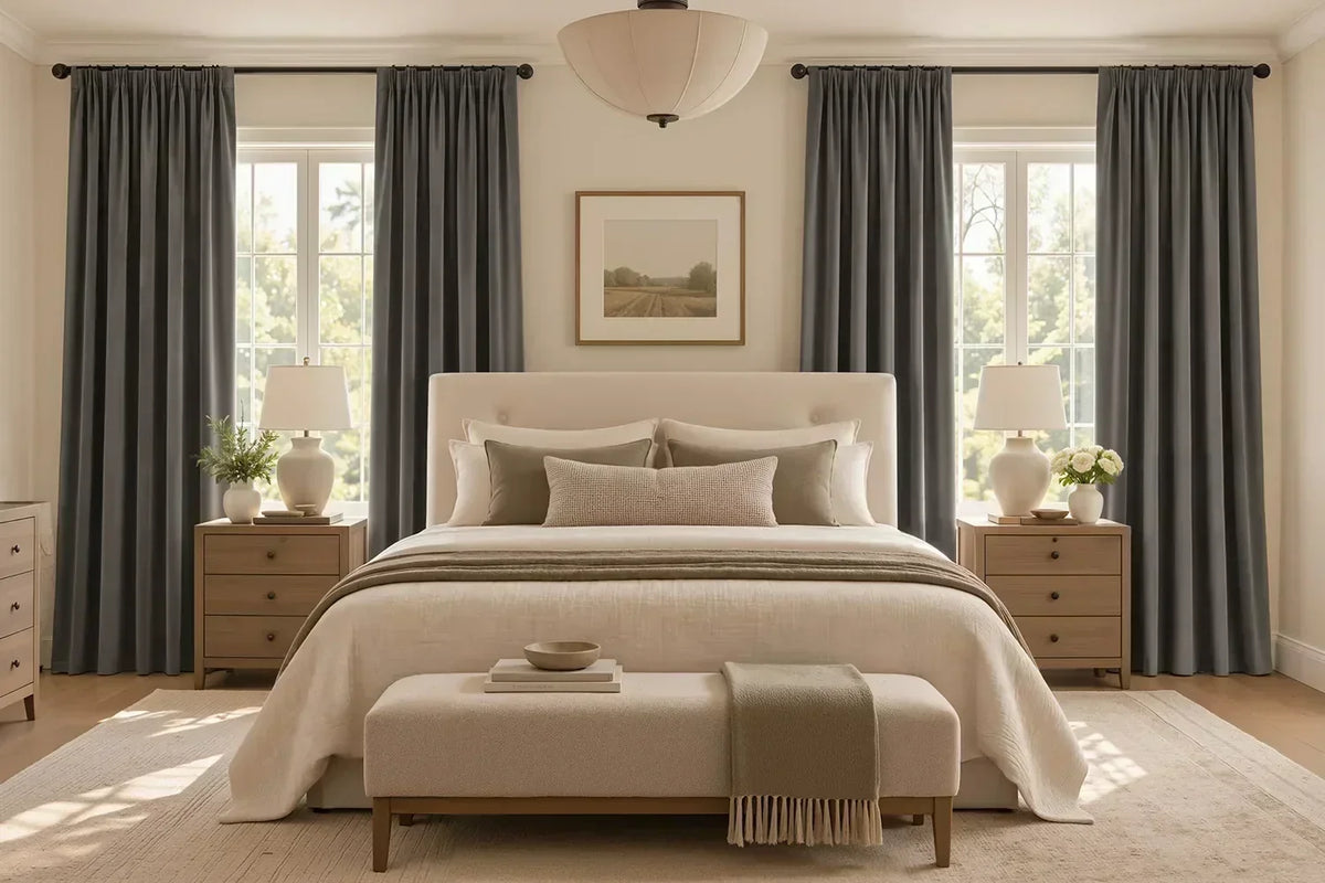 Symmetrical bedroom with floor-length dark gray curtains flanking a bed with a cream headboard