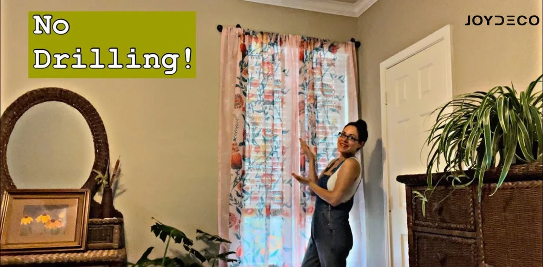 Woman demonstrating the installation of floral sheer curtains without drilling