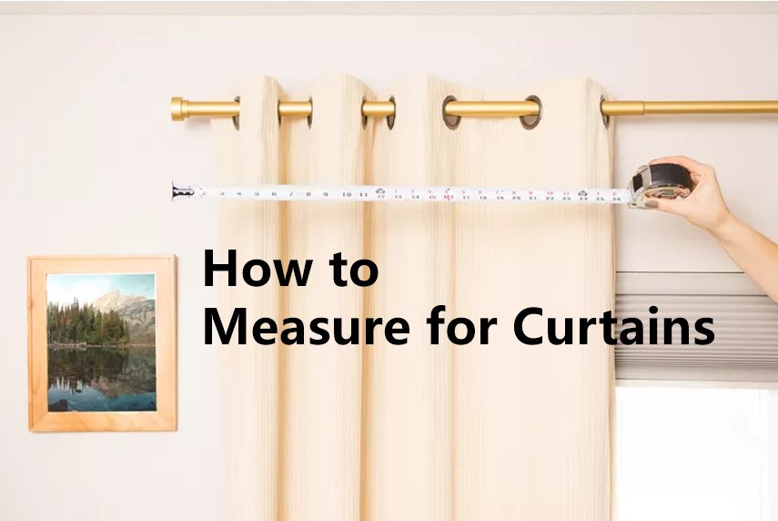 How to Measure for Curtains: Hand using a tape measure on a beige grommet curtain.