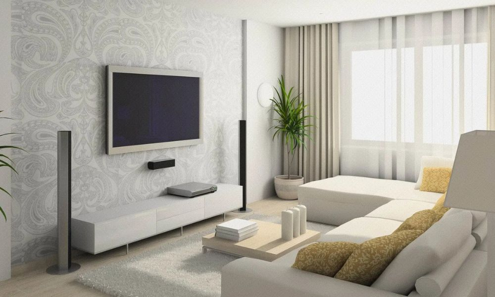 Joydeco white noise-reducing curtains in a minimalist living room featuring a home theater system and patterned wallpaper.