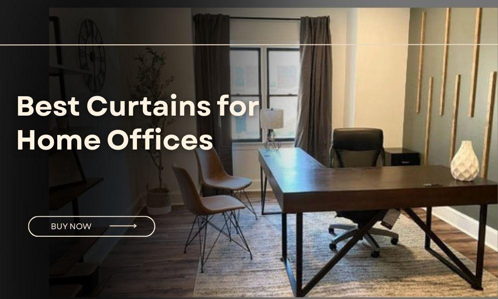 Modern home office setup featuring a dark wood desk, brown chairs, grey curtains