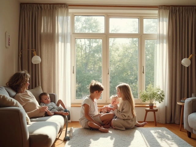 Family relaxing in a sunlit living room with neutral-toned curtains framing a large window.