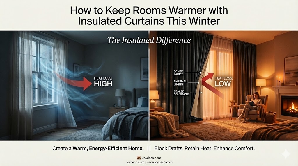 A split image showing a room with sheer curtains on the left and insulated curtains on the right, with a bed, lamp, and fireplace in a cozy setting.