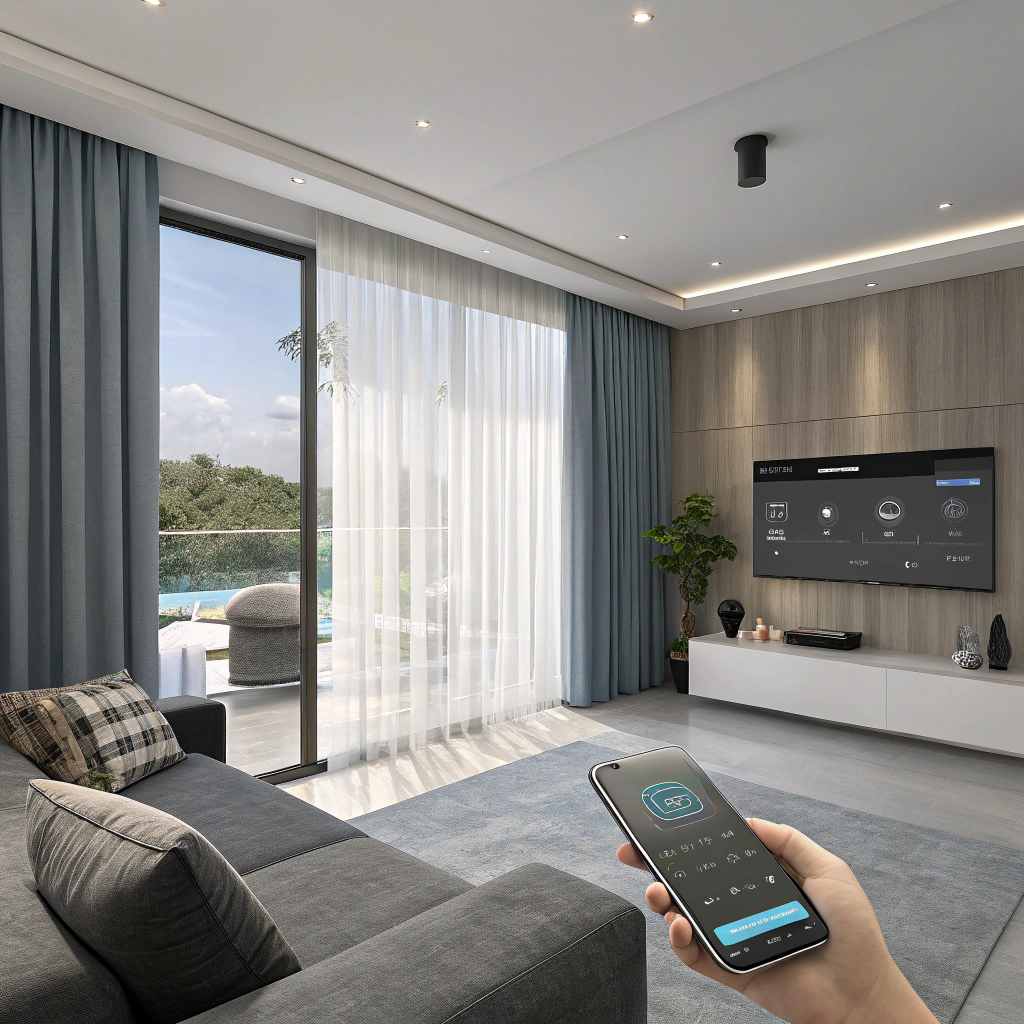 Joydeco floor-to-ceiling cream panel curtains diffusing soft daylight in a modern living room.