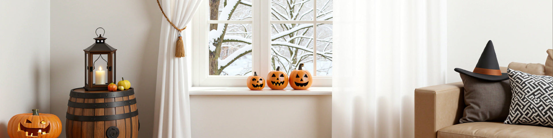 Joydeco Halloween promotion page banner showing an indoor setting with carved jack-o'-lanterns on a snowy windowsill, a witch hat on a sofa, and festive autumn decorations.