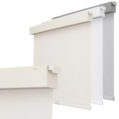 Joydeco 100% blackout cordless roller shades in cream, white, and gray with natural woven texture and aluminum valances.