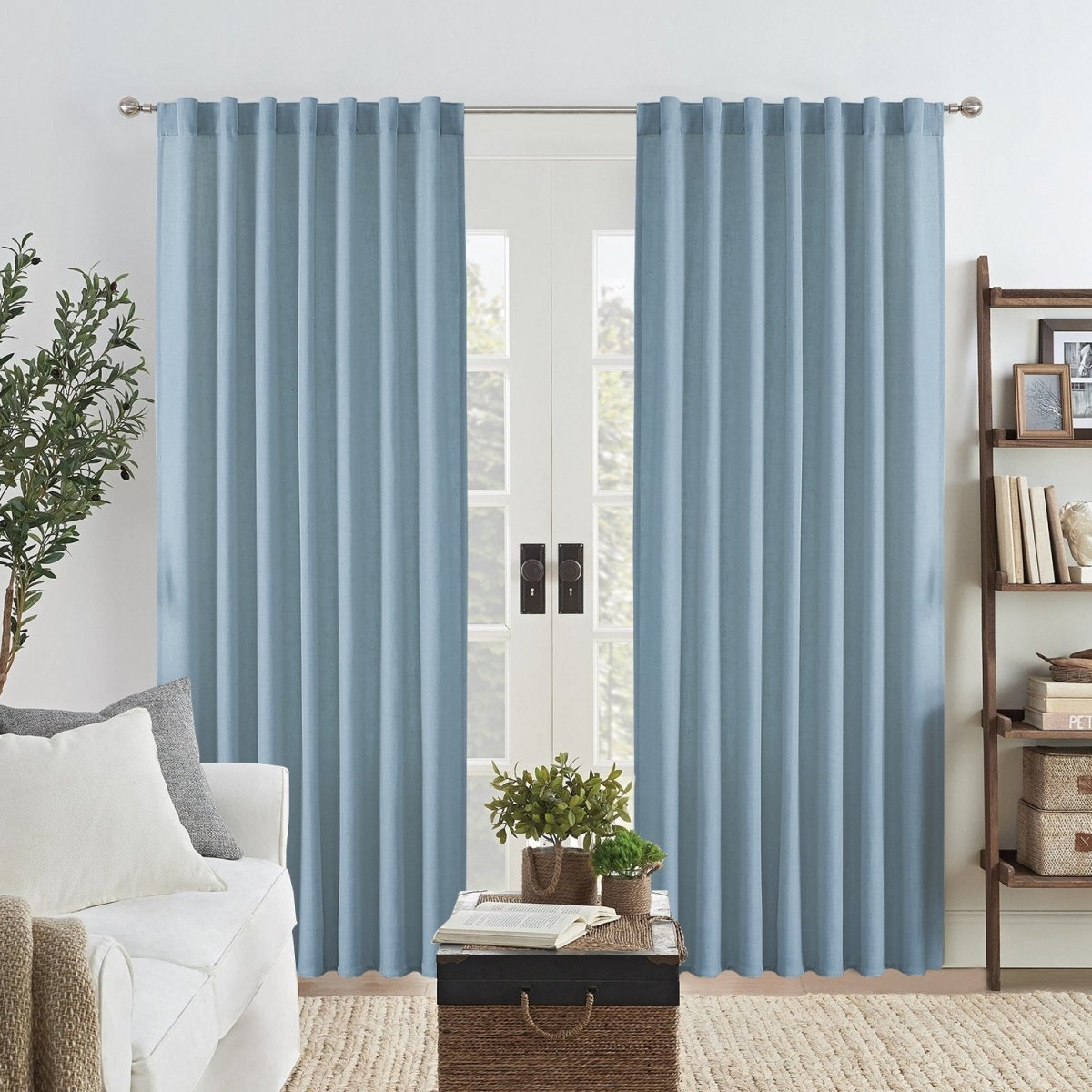 Joydeco Faux Linen Pinch Pleated Curtains Light Filtering Curtains Semi Sheer Privacy Curtains with Rod Pockets