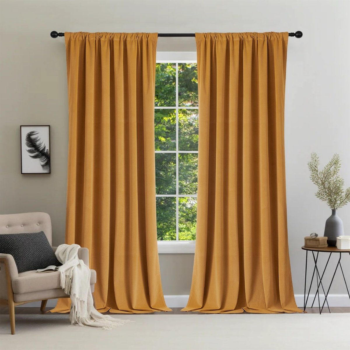 Joydeco 100% Blackout  Mustard Yellow Velvet Curtains - 2 Panels , Thermal Insulated, Privacy