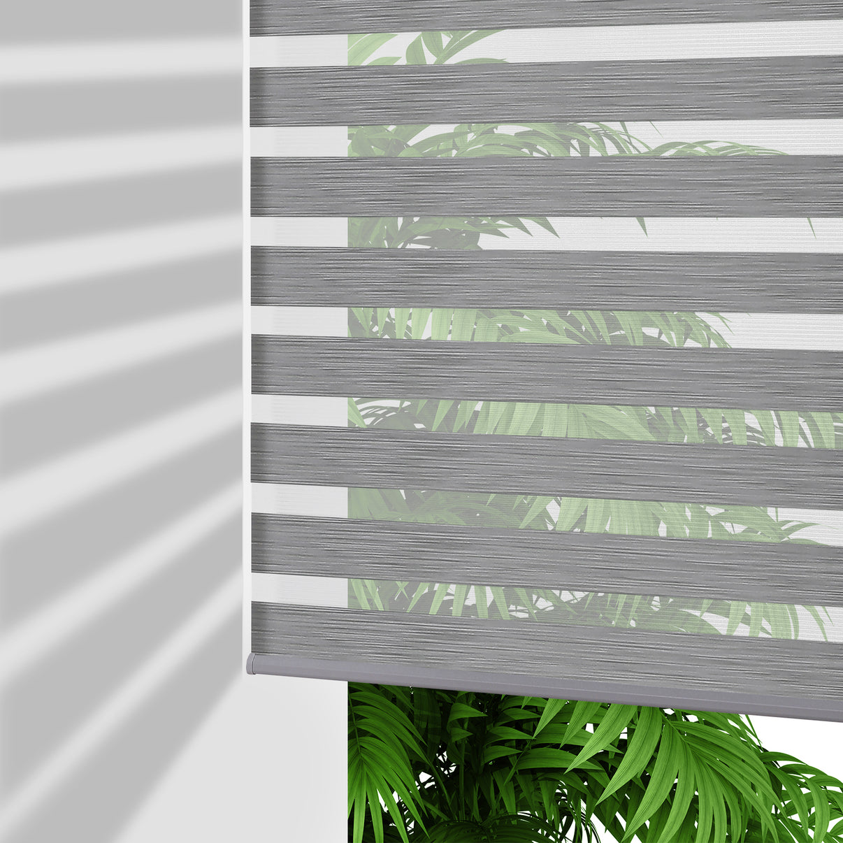 Joydeco grey cordless zebra blinds showcasing dual layer light control with plant shadows on wall.