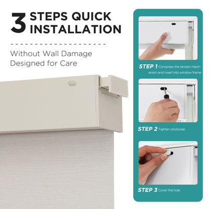 Cream cordless roller shade installation steps: compress mechanism, tighten screw, cover hole. No wall damage.