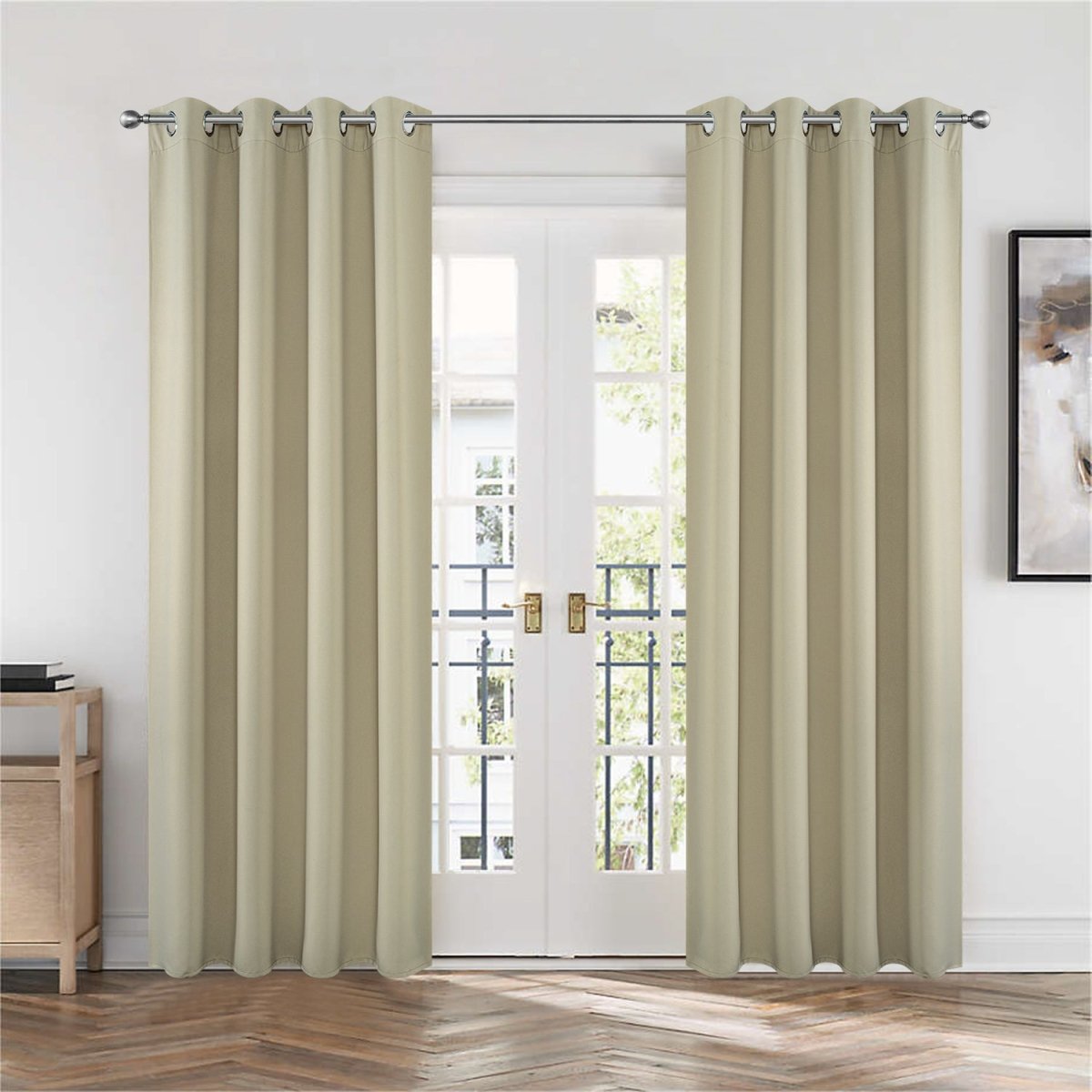 Two beige Joydeco blackout curtains with grommet tops shown on French doors, offering thermal insulation and room darkening.