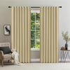 Joydeco beige thermal insulated blackout curtains, 96 inch length, two panels with rod pocket design hanging on black rod.