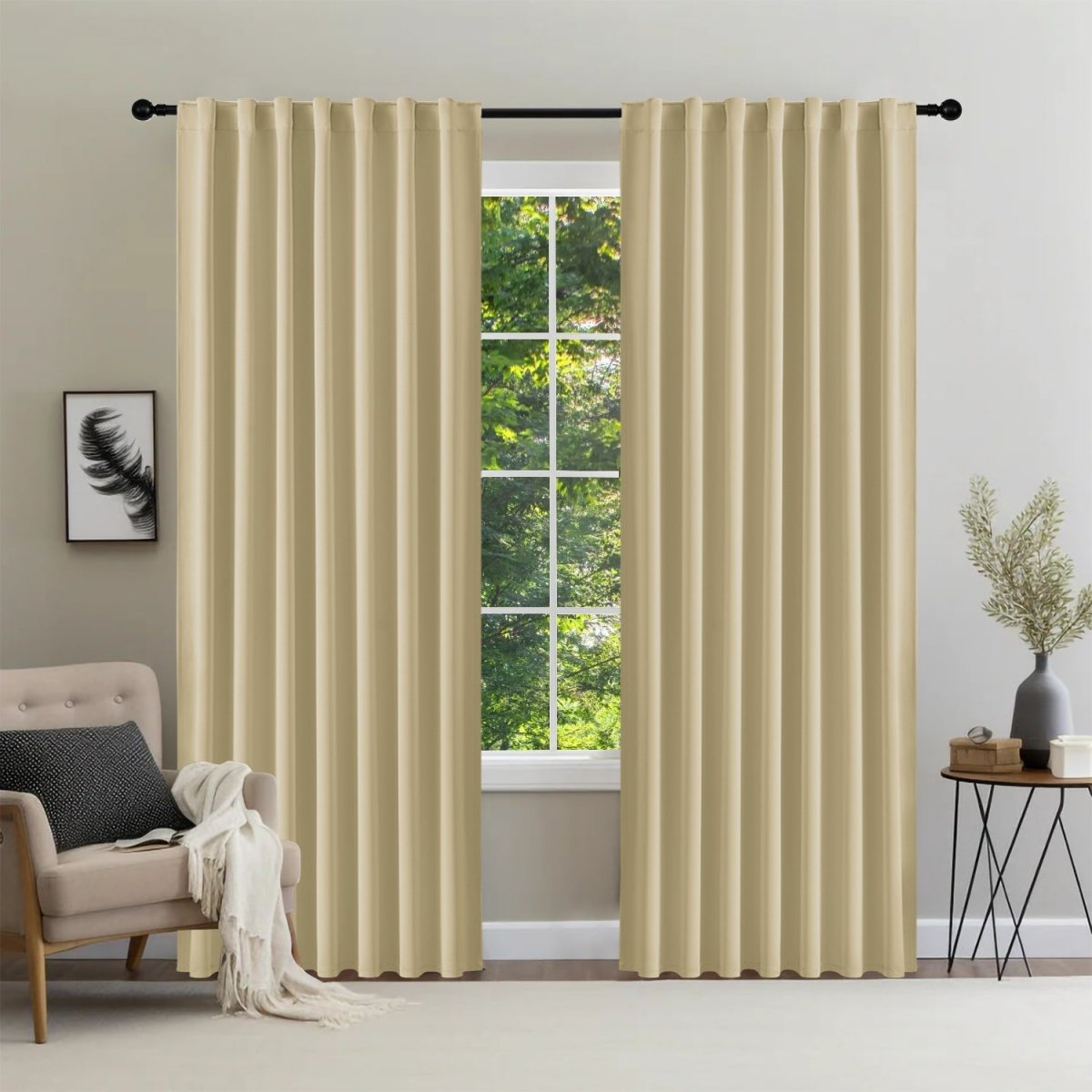 Joydeco beige thermal insulated blackout curtains, 96 inch length, two panels with rod pocket design hanging on black rod.