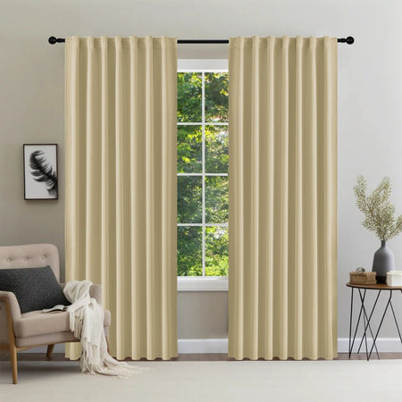 Joydeco beige thermal insulated blackout curtains, 96 inch length, two panels with rod pocket design hanging on black rod.