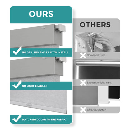 Joydeco roller shades vs competitors: easy no-drill install, no light leaks, matching valance color, no wall damage.