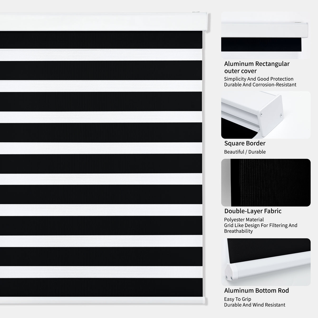 Black and white zebra blind details: double-layer fabric, aluminum headrail, bottom rod. Durable design.