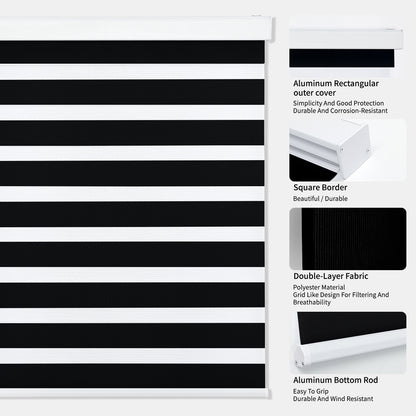 Black and white zebra blind details: double-layer fabric, aluminum headrail, bottom rod. Durable design.