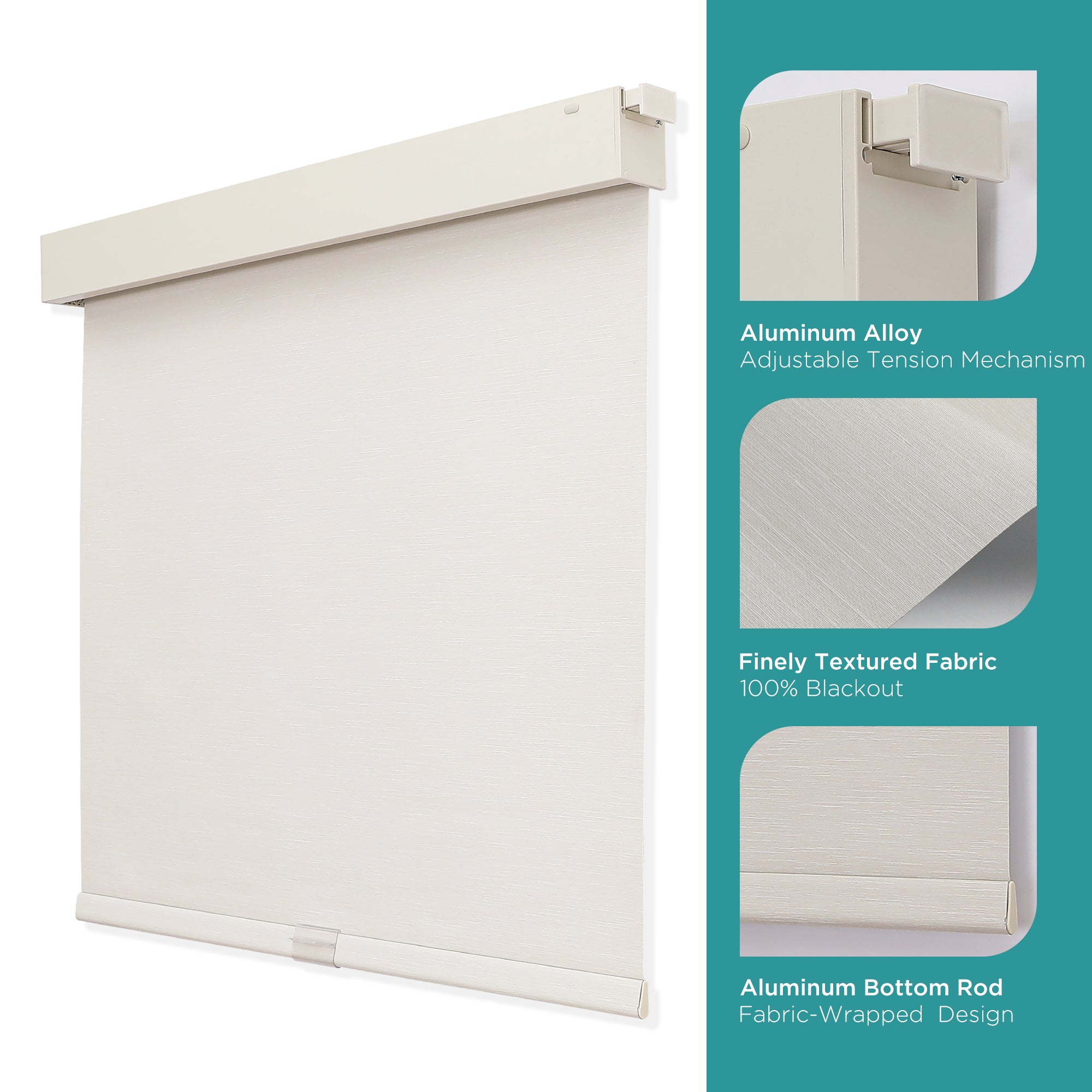 Cream cordless blackout roller shade: textured fabric, aluminum valance/rod. Features: adjustable tension, 100% blackout.