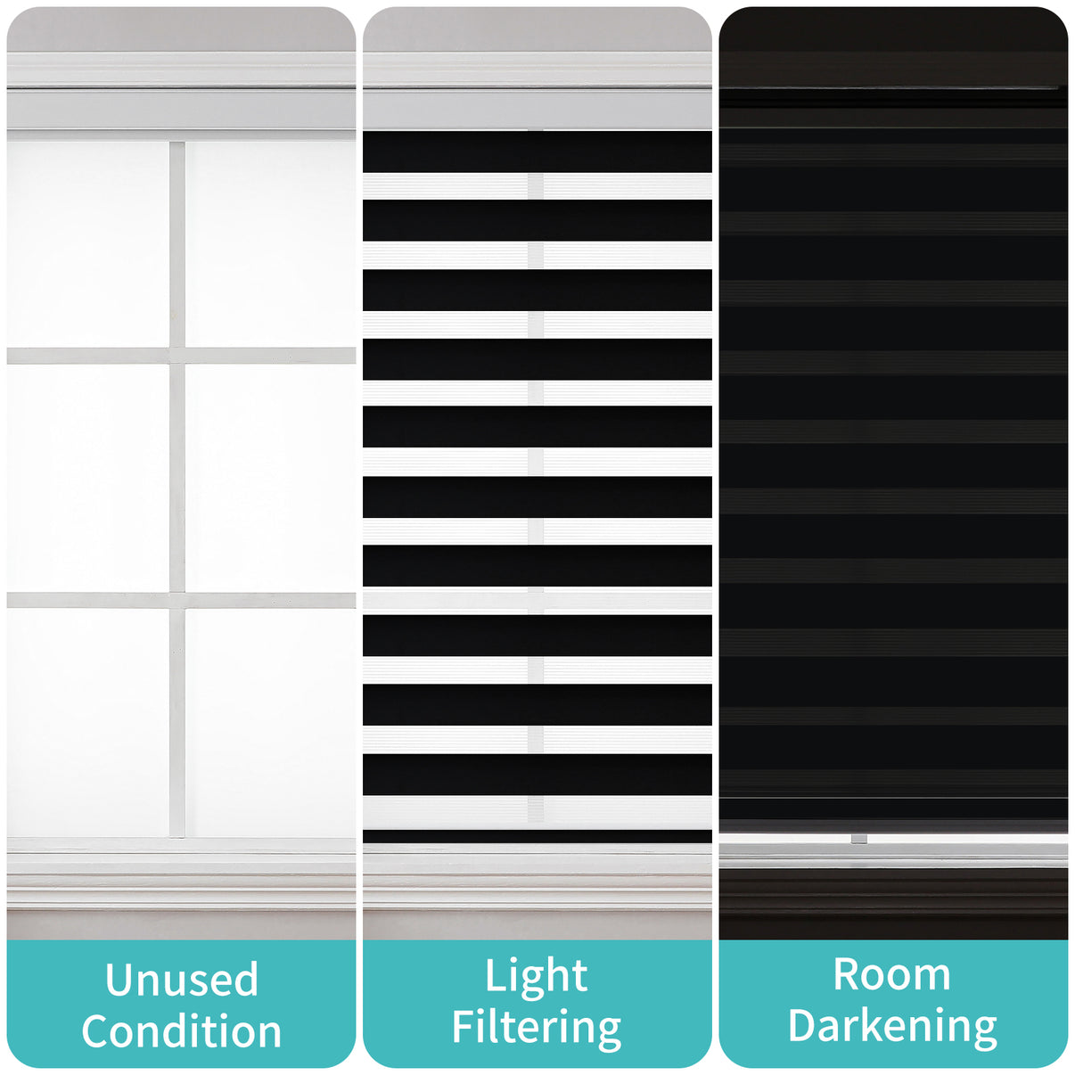 Free-Stop Zebra Blinds: Comparison of unused, light filtering, and room darkening settings on a window.