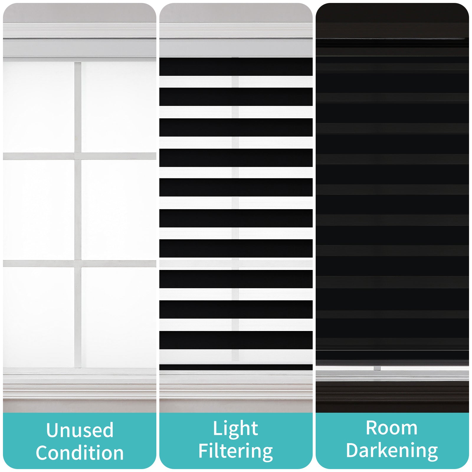 Free-Stop Zebra Blinds: Comparison of unused, light filtering, and room darkening settings on a window.